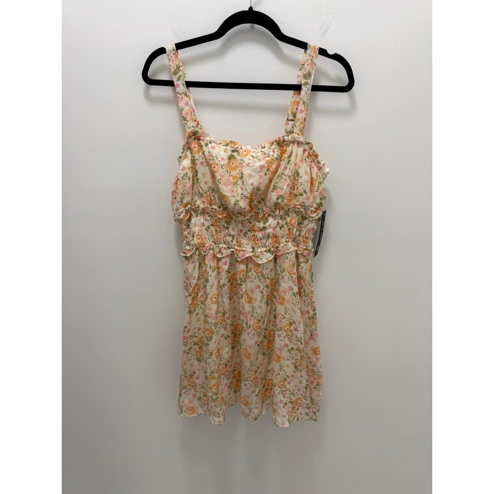 As U Wish Floral Smocked Ruffle Mini Dress Peach Pink Cream Large NWT